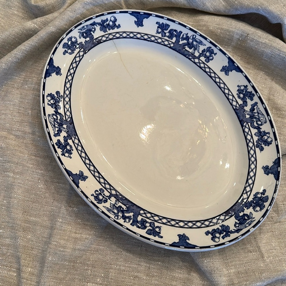 Antique blue flow platter by Losol Ware Keeling & Co. in rare ‘Beverly’ pattern